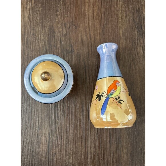 Vintage Japan Lusterware Cream and sugar MCM Hand Painted Floral Fauna Bird 2pc - Picture 1 of 3